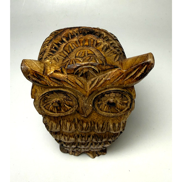 Hand Carved Wooden Owl Statue Sculpture Figurine Free Standing Big Eyes Decor - Picture 2 of 6